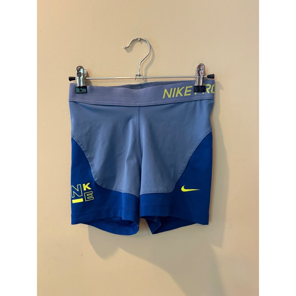 Nike Pro Women Blue Colorblock Compression Volleyball Shorts Neon Yellow Logo XS